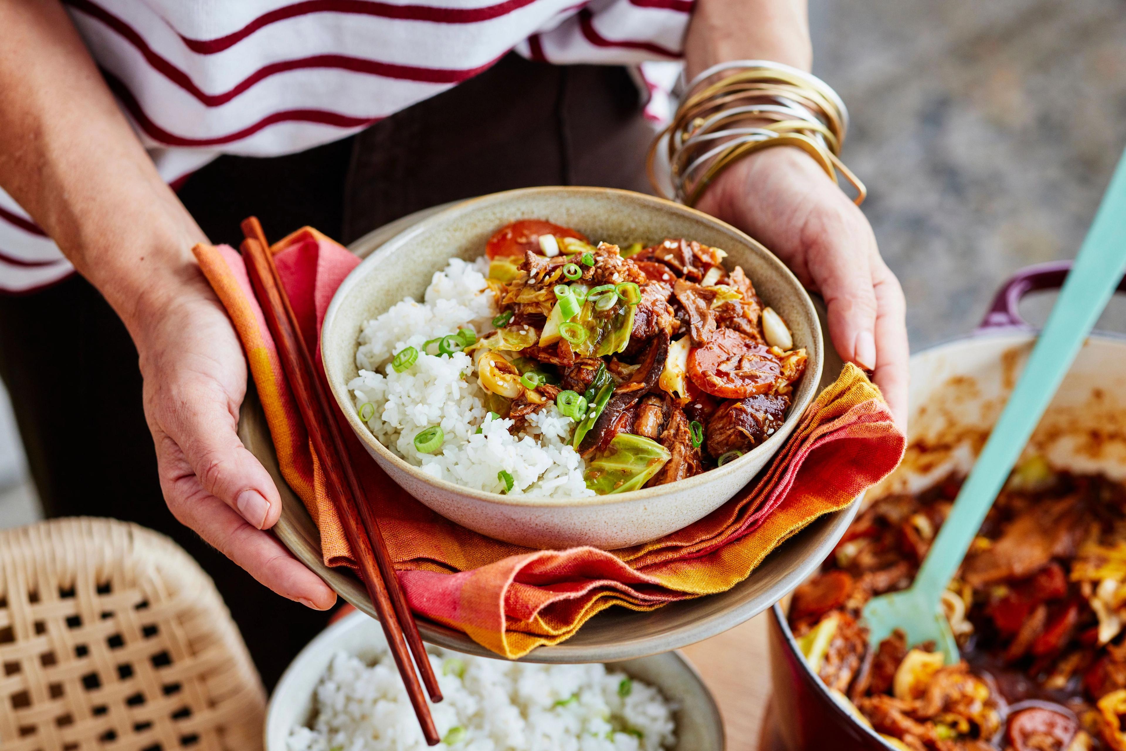 Slow-Cooked Soy and Mushroom Pork with Sesame Rice
